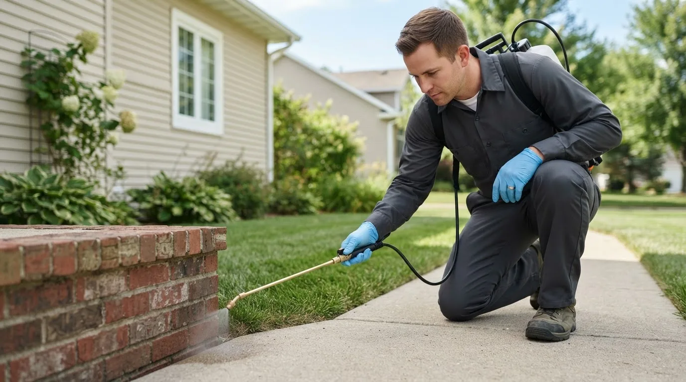 Pest control technician treating a home near Brooklyn, CT